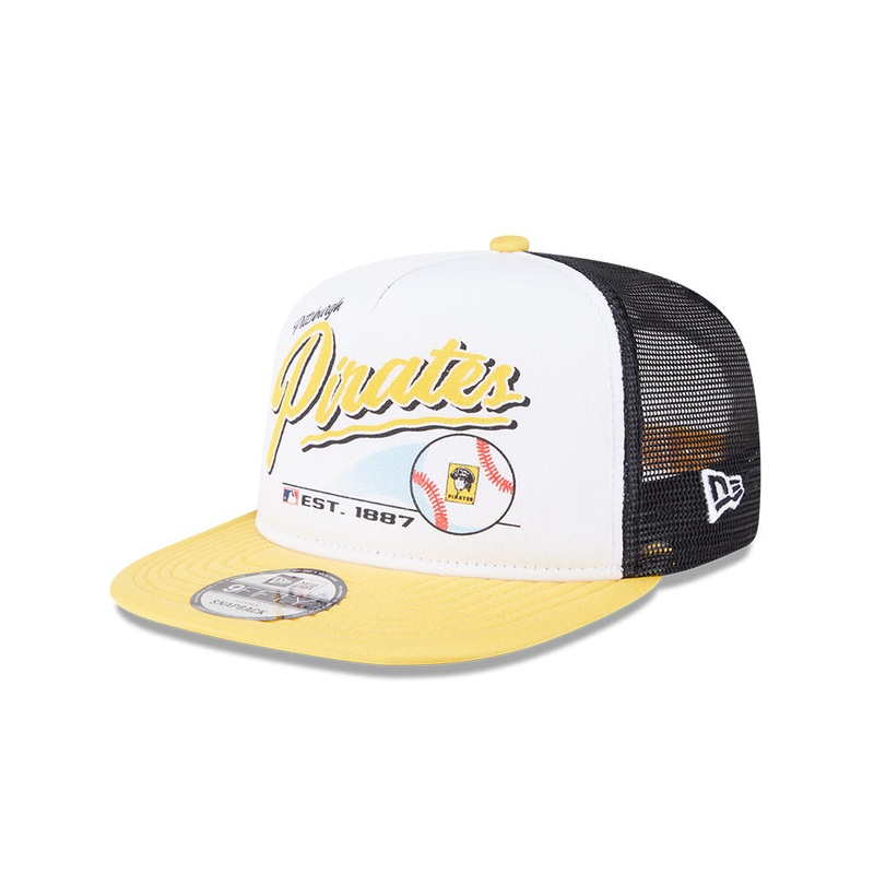 Pittsburgh Pirates New Era RETRO SCRIPT 9Fifty A-Frame Mesh Trucker Snapback Hat – Black/Yellow