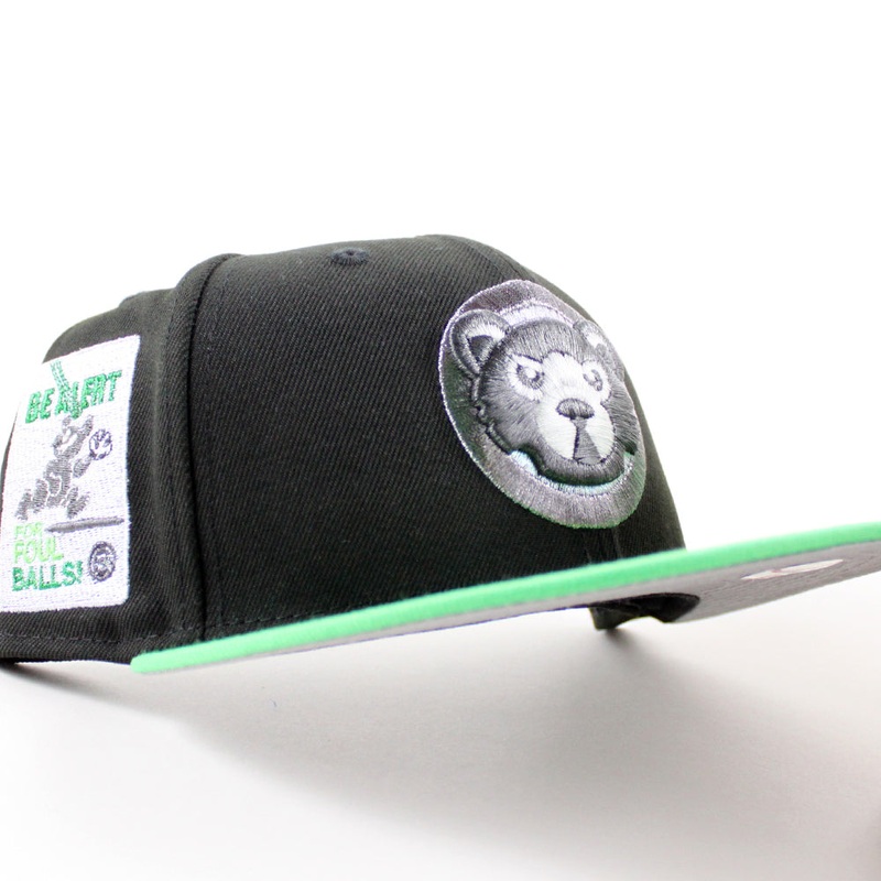 Chicago Cubs be Alert For Foul Balls  New Era 59Fifty Fitted Hat (Black Green Gray Under Brim) 6 7/8