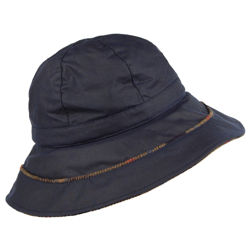 Failsworth Hats Wax Cotton Tartan Trim Bucket Hat – Navy Blue Small/Medium