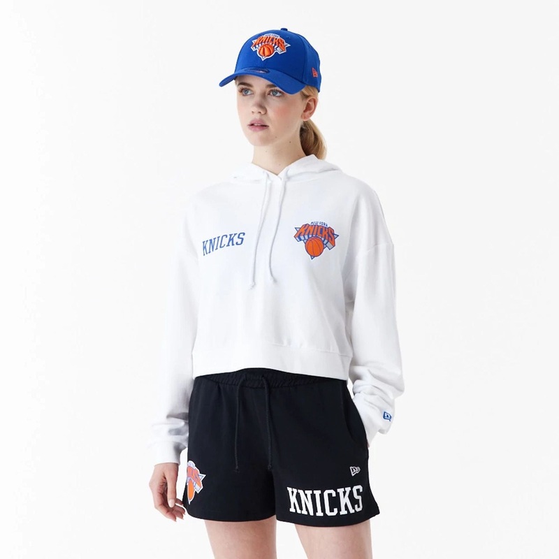 New York Knicks Womens NBA Team Logo White Crop Pullover Hoodie XS