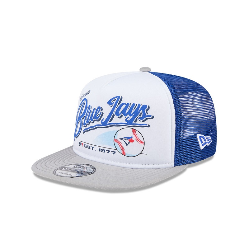 Toronto Blue Jays New Era RETRO SCRIPT 9Fifty A-Frame Mesh Trucker Snapback Hat – Blue/Gray