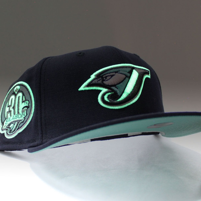 Toronto Blue Jays 30th Anniversary New Era 59Fifty Fitted Hat (Glow in the Dark Navy Mint Under Brim) 7