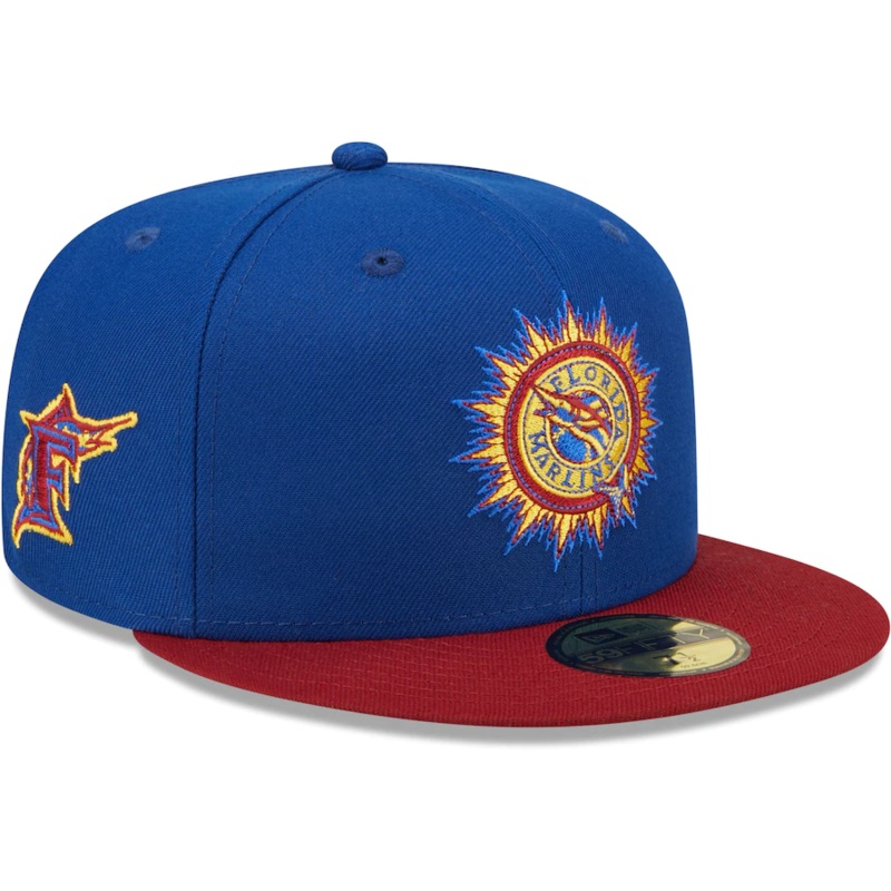 New Era Florida Marlins Blue/Red Alternate Throwback Logo Primary Jewel Gold Undervisor 59FIFTY Fitted Hat