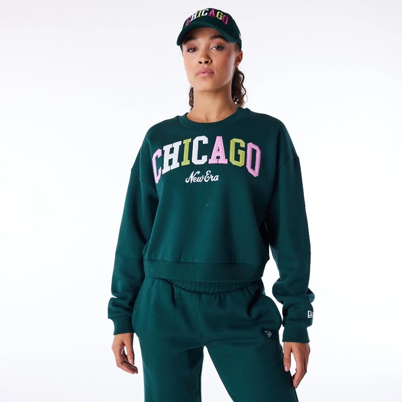 New Era Infill Dark Green Crop Crew Neck Sweatshirt XS