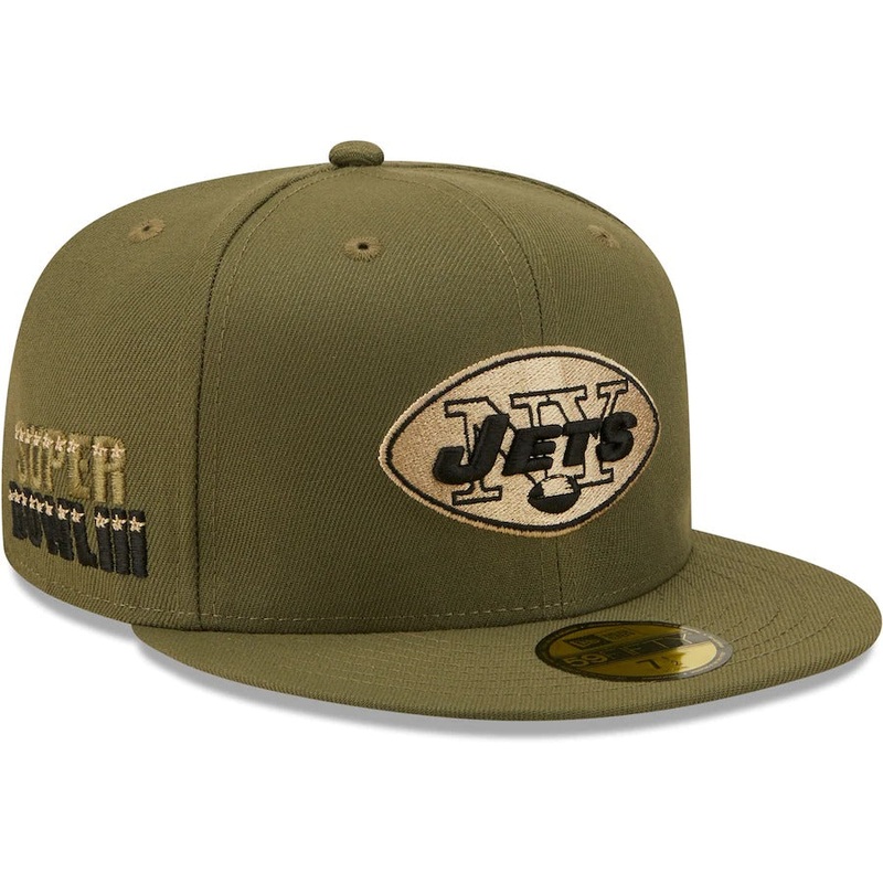 New Era New York Jets Olive Super Bowl III Historic Logo Camo Undervisor 59FIFTY Fitted Hat