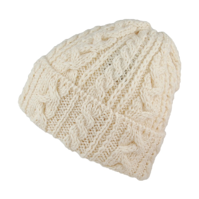 Highland 2000 Cuffed Cable Knit English Wool Beanie Hat – Natural 1-Size