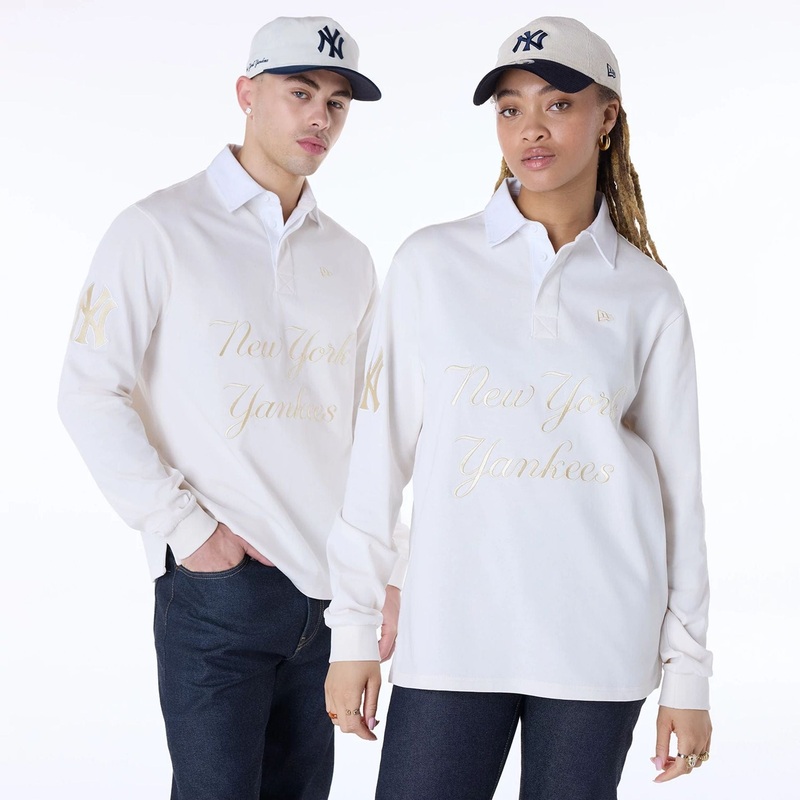 New York Yankees MLB Script Open White Long Sleeve Polo XS