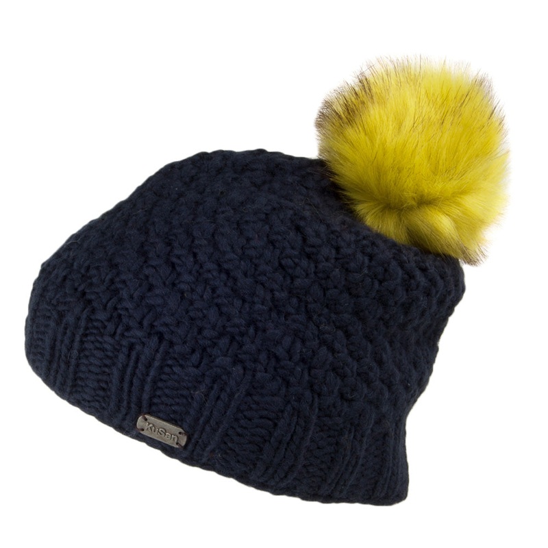 Kusan Moss Yarn Bobble Hat – Navy-Yellow 1-Size