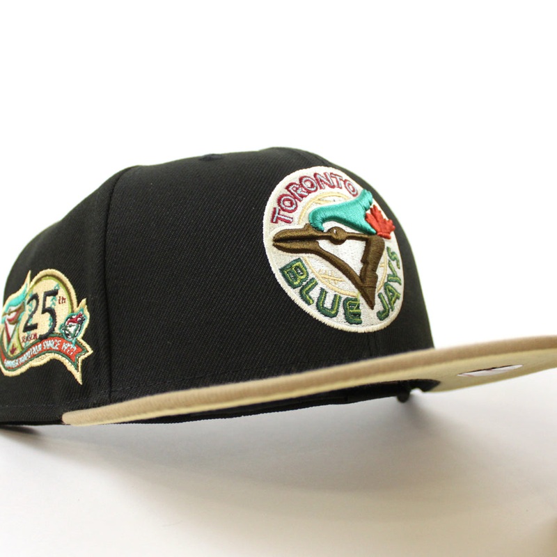 Toronto Blue Jays 25th Season New Era 59Fifty Fitted Hat (BLACK KHAKI VEGAS GOLD Under Brim) 7
