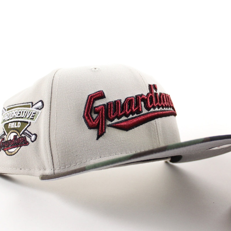 Cleveland Guardians Progressive Field New Era 59Fifty Fitted Hat  (Stone WoodLand Camo Gray Under Brim) 7