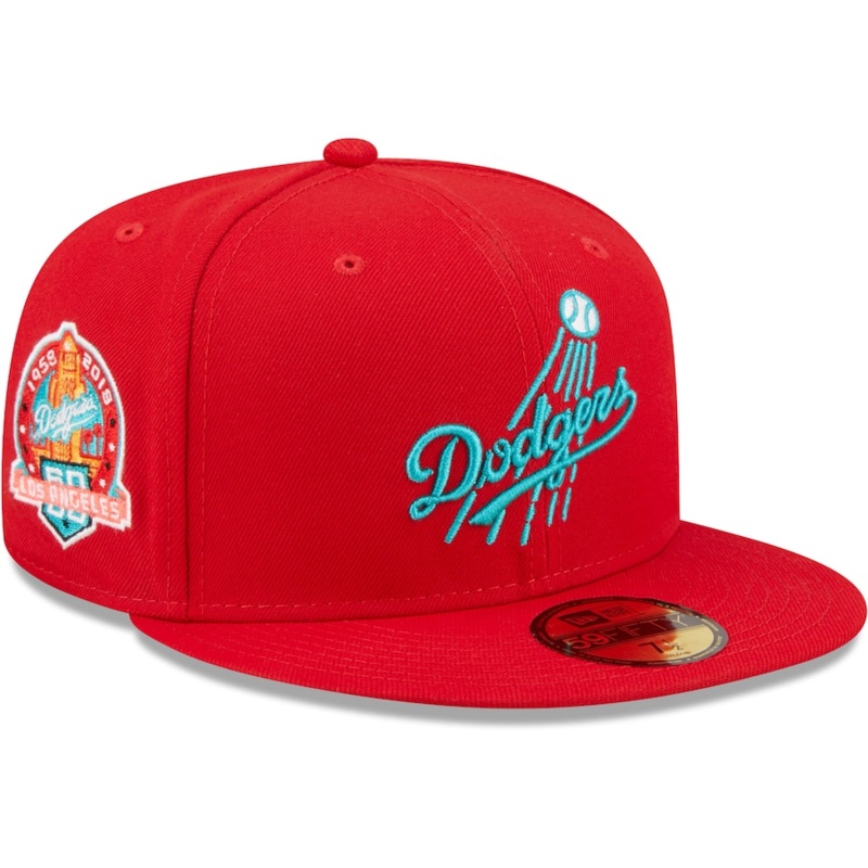 New Era Los Angeles Dodgers 60th Anniversary Scarlet/Teal Undervisor 2022 59FIFTY Fitted Hat