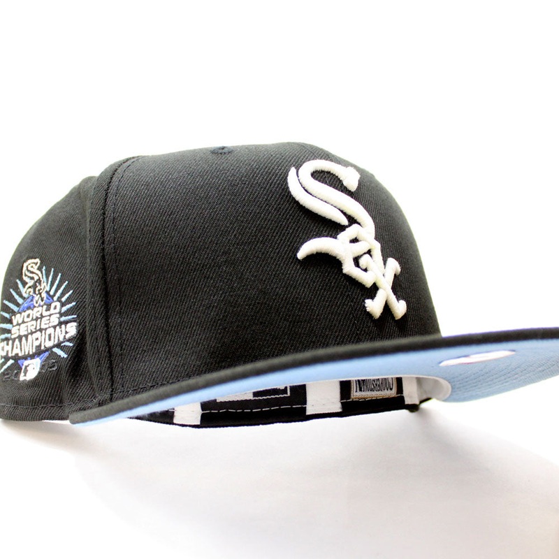 Chicago White Sox 2005 World Series Champions New Era Fitted 59Fifty Hat (Glow in the Dark Black Sky Blue Under Brim) 7