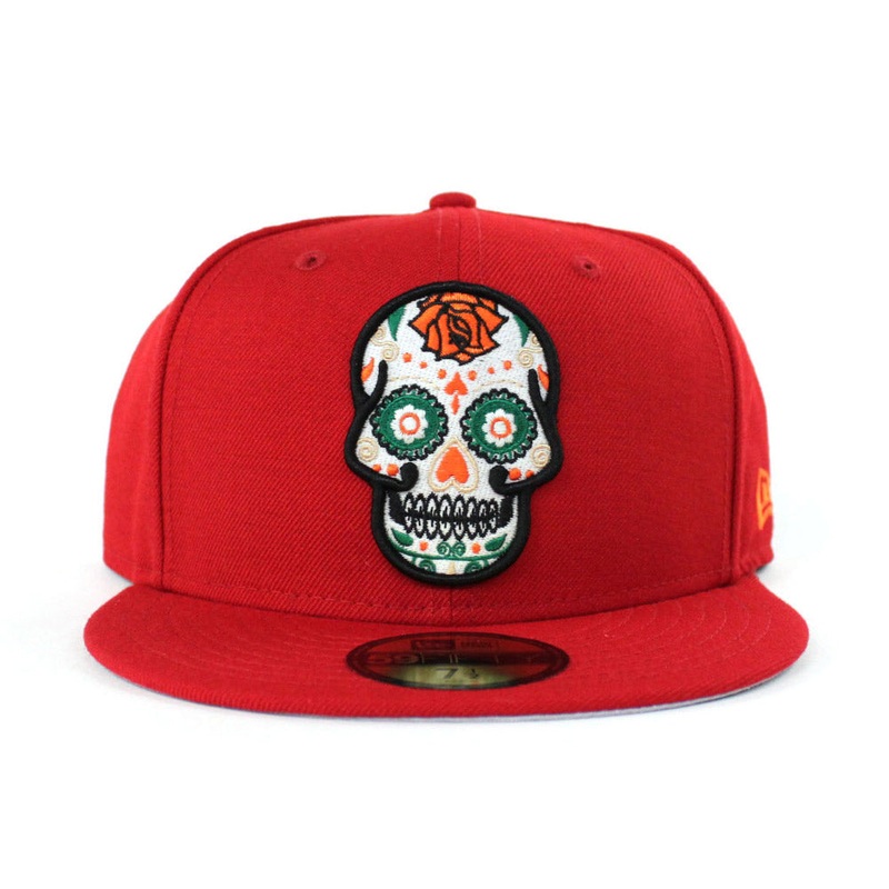 Day of the Dead SUGAR SKULL 59Fifty New Era Fitted Hat (Red Glow in the Dark Gray Under Brim) 7