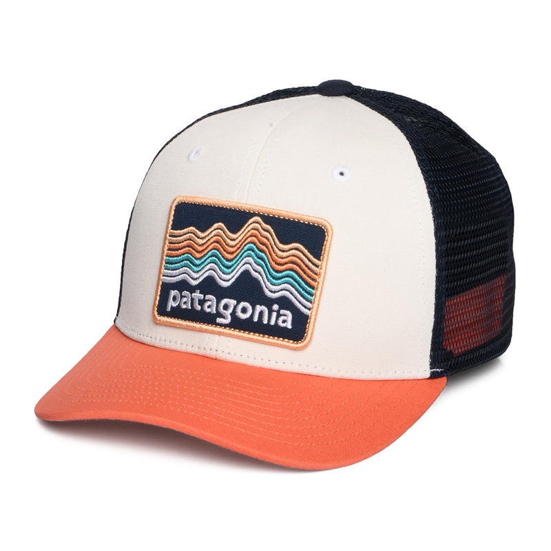 Patagonia Hats Kids Ridge Rise Stripe Organic Cotton Trucker Cap – White-Coral-Navy CHILD ADJ.