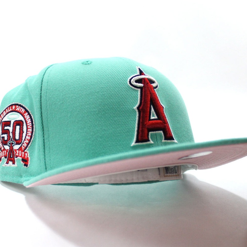 Anaheim Angels 50th Anniversity New Era 59Fifty Fitted Hat (Mint Pink Under Brim) 7