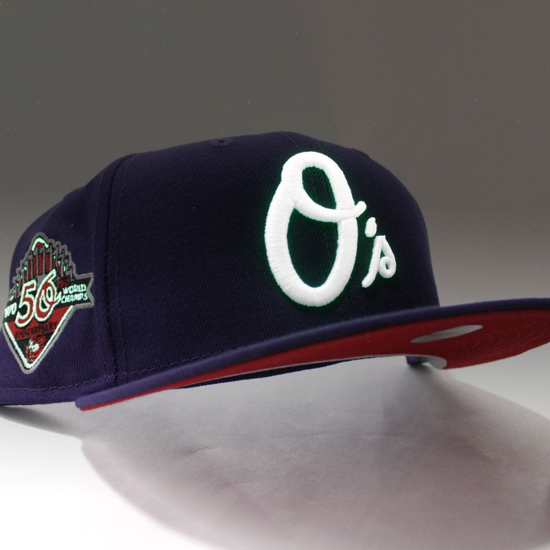 Baltimore Orioles 50th Anniversary 59Fifty New Era Fitted Hat (Glow in the Dark Purple Red Under Brim) 7