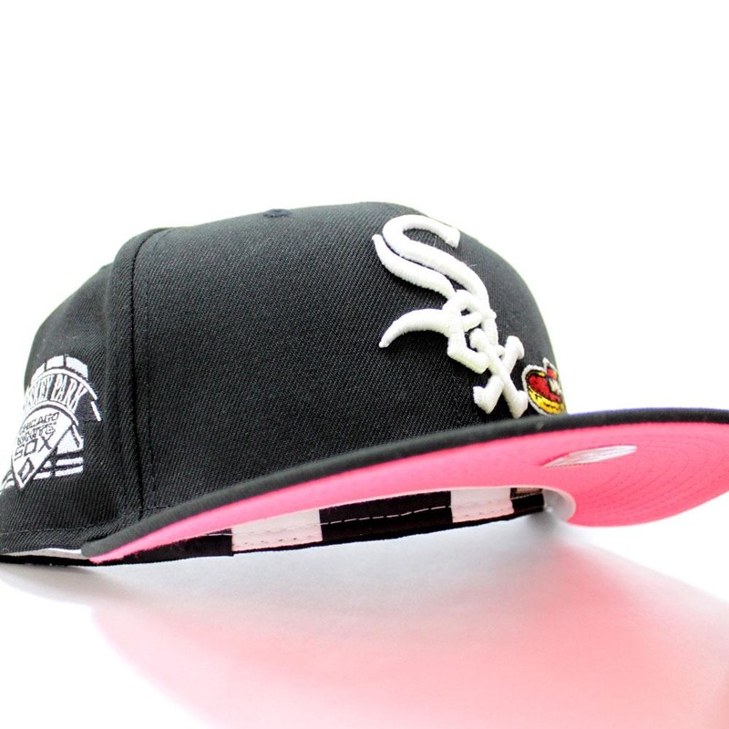Chicago White Sox Deep Dish Comiskey Park Patch New Era 59Fifty Fitted Hat (Glow in the Dark Logo Black Hot Pink Under Brim) 7