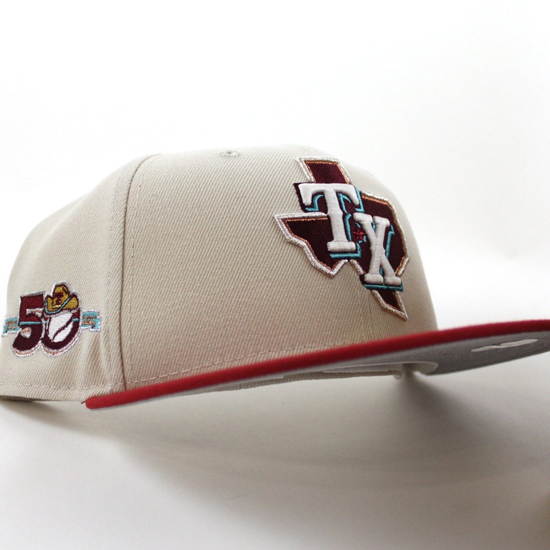Texas Rangers 50th Anniversary New Era 59Fifty Fitted Hat (Stone Pinot Gray Under Brim) 7