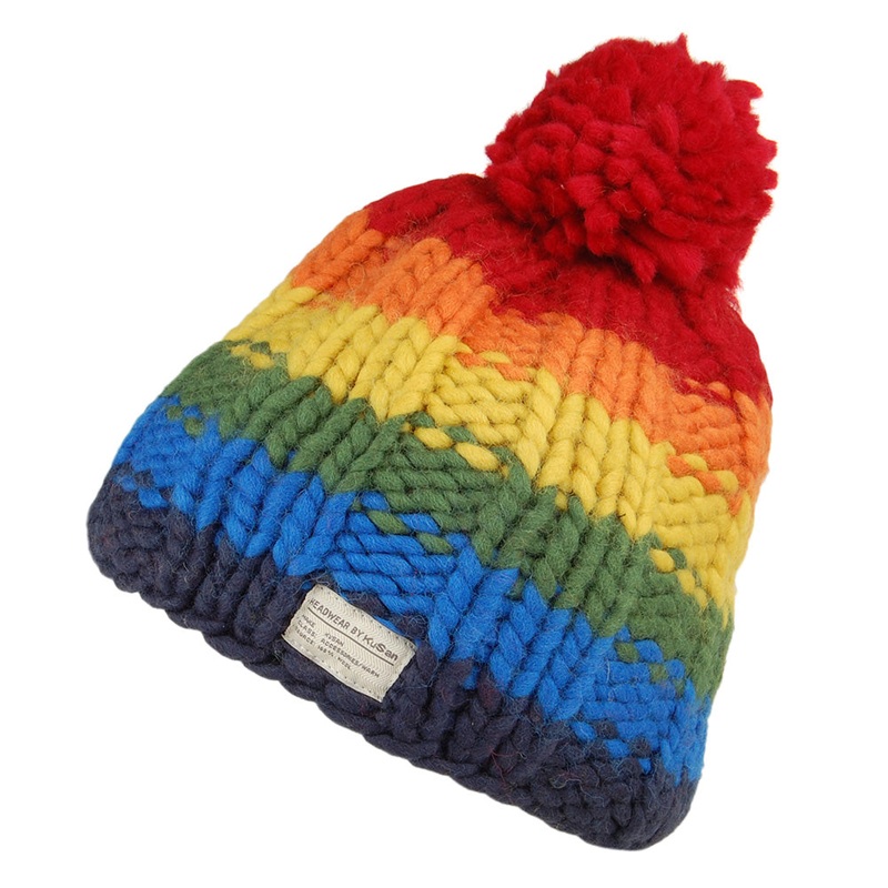 Kusan Rainbow Moss Stitch Yarn Bobble Hat – Multi-Coloured 1-Size