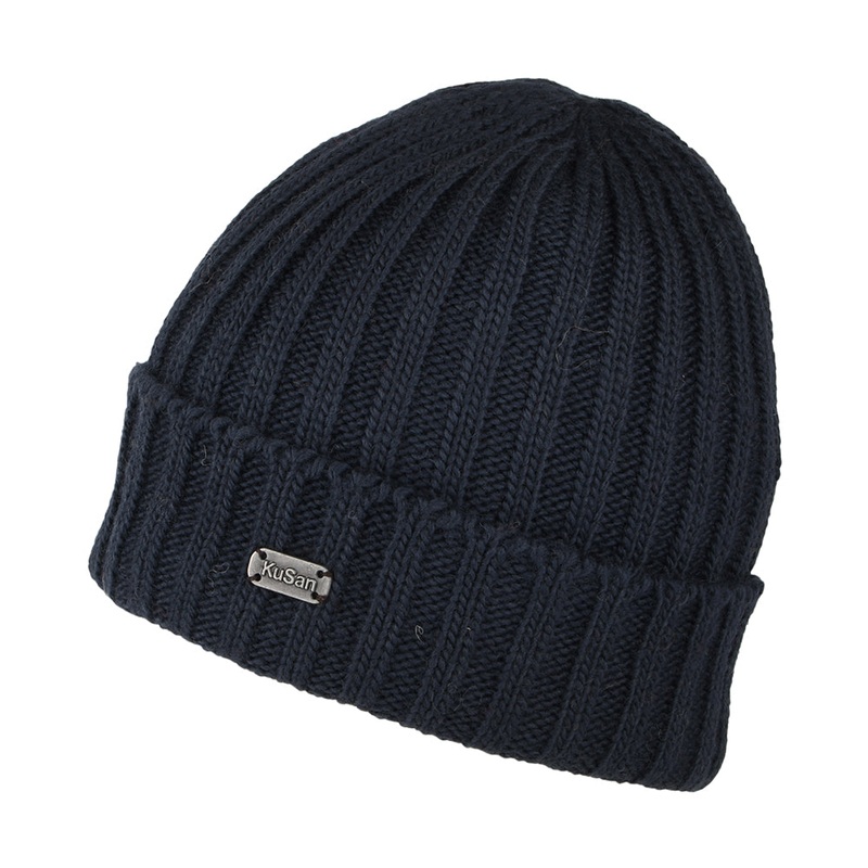 Kusan Ribbed Turn Up Beanie Hat – Navy Blue 1-Size