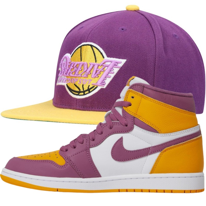 Mitchell & Ness Upside Down Lakers Snapback Hat w/ Air Jordan 1 High Retro OG ‘Brotherhood’