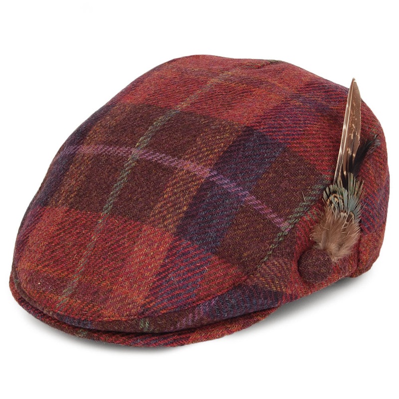 Failsworth Hats British Wool Tartan Feather Flat Cap – Burgundy Small/Medium