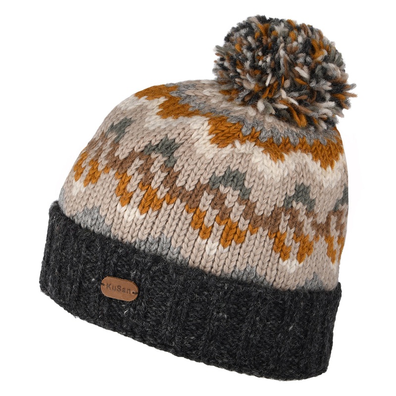 Kusan Wave Turn Up Bobble Hat – Charcoal-Grey-Mustard 1-Size