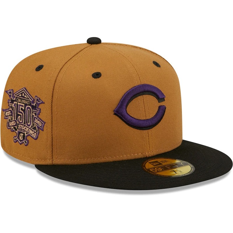 New Era Cincinnati Reds Tan/Black 150 Seasons Cooperstown Collection Purple Undervisor 59FIFTY Fitted Hat