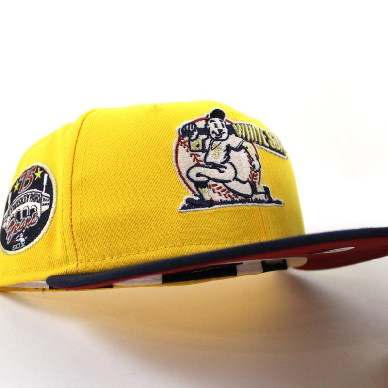 Chicago White Sox 75 YEARS COMISKEY PARK New Era Fitted 59Fifty Hat (Glow in the Dark CANARY YELLOW OCEANSIDE BLUE PINOT RED Under Brim) 7