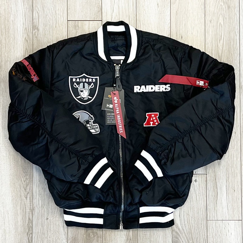 Oakland Raiders New Era Cap X Alpha Industries EXCLUSIVE Bomber Jacket (Black on Black) Size M