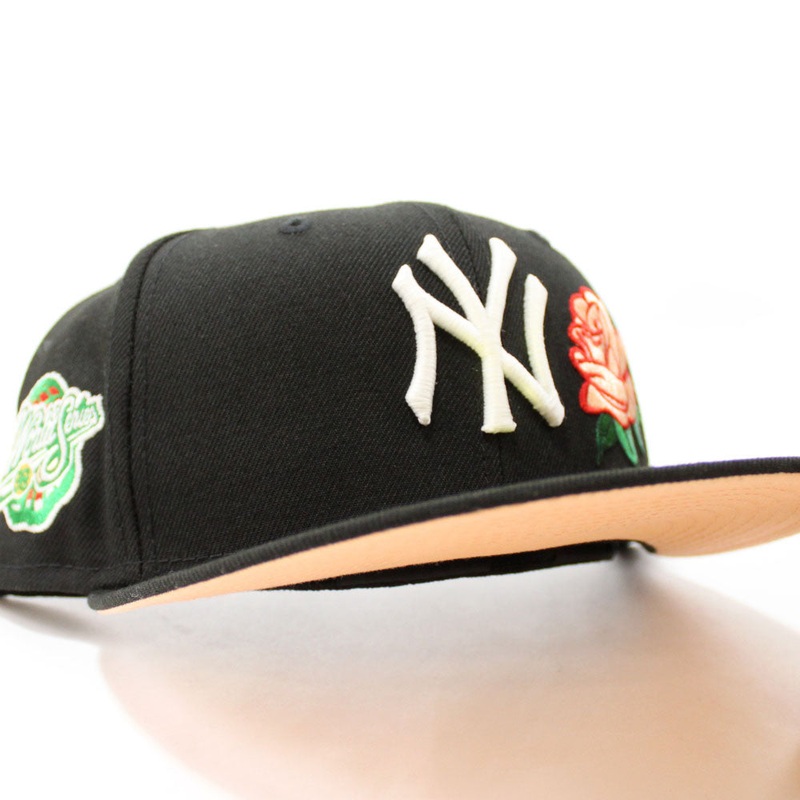 Rose New York Yankees 1998 World Series New Era 59Fifty Fitted Hat (Glow in the Dark Black Peach Under Brim) 7
