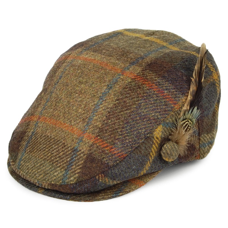 Failsworth Hats British Wool Tartan Feather Flat Cap – Olive-Multi Small/Medium