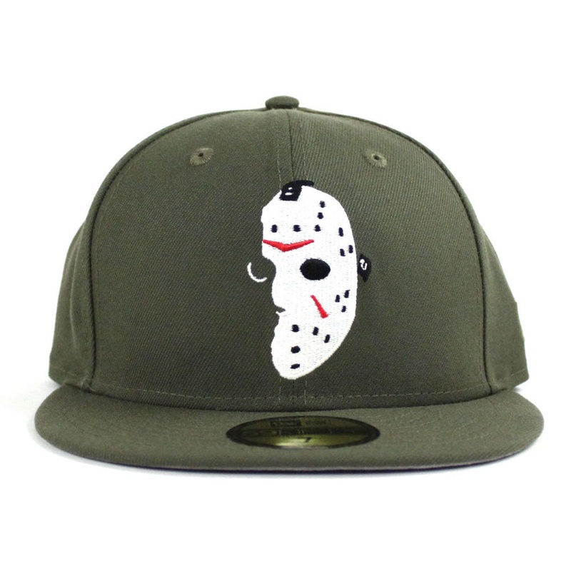 Friday the 13th Jason Head New Era 59Fifty Fitted Hat (Olive Gray Under Brim) 7
