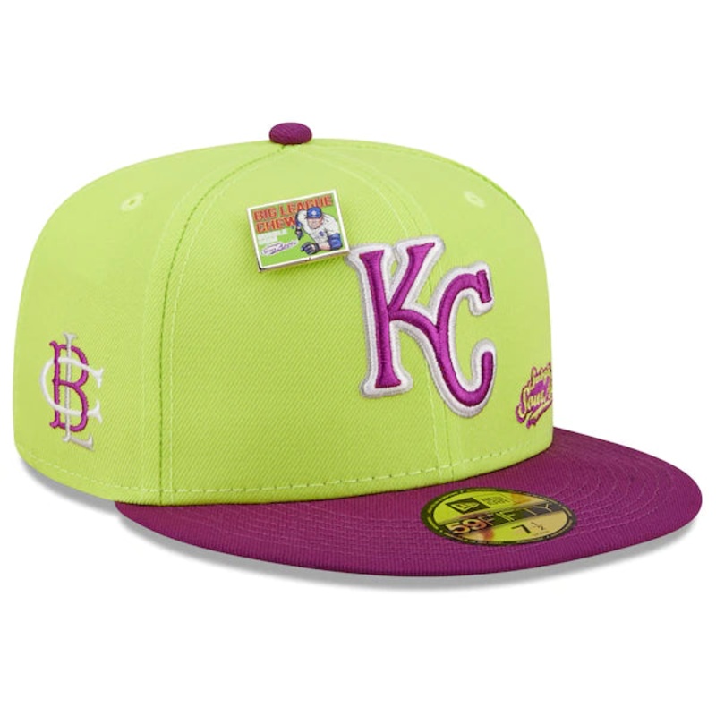New Era MLB x Big League Chew  Kansas City Royals Swingin’ Sour Apple Flavor Pack 59FIFTY Fitted Hat – Green/Purple