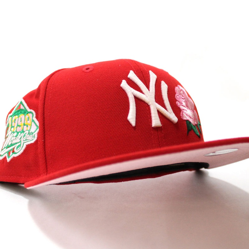 Rose New York Yankees Rose 1999 World Series 59Fifty New Era Fitted Hat (Glow in the Dark Red Pink Under Brim) 7