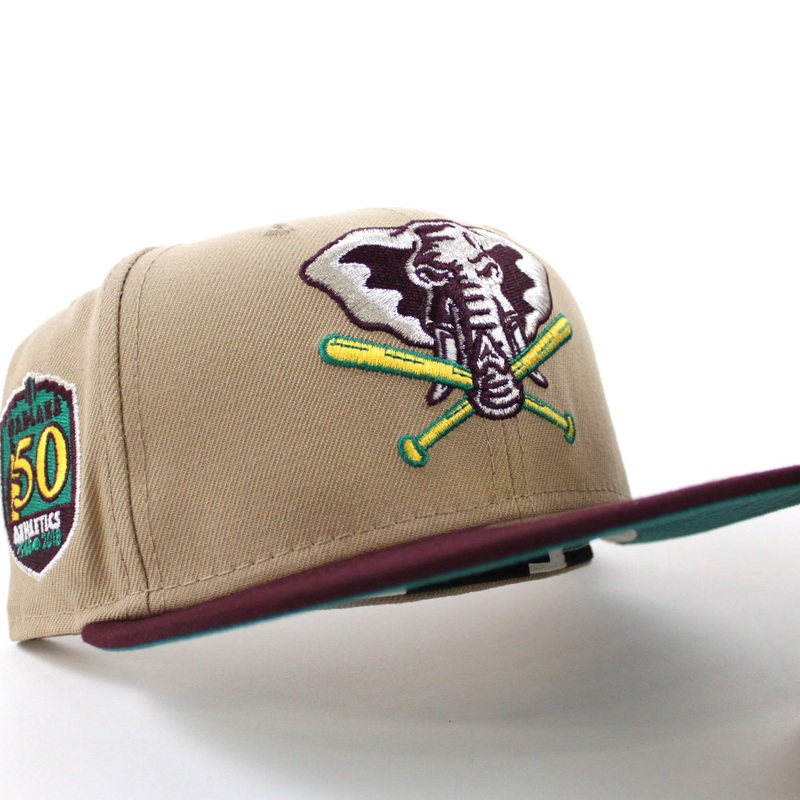 Oakland Athletics 50th Anniversary New Era 59Fifty Fitted Hat (Camel Maroon Turquoise Under Brim) 7