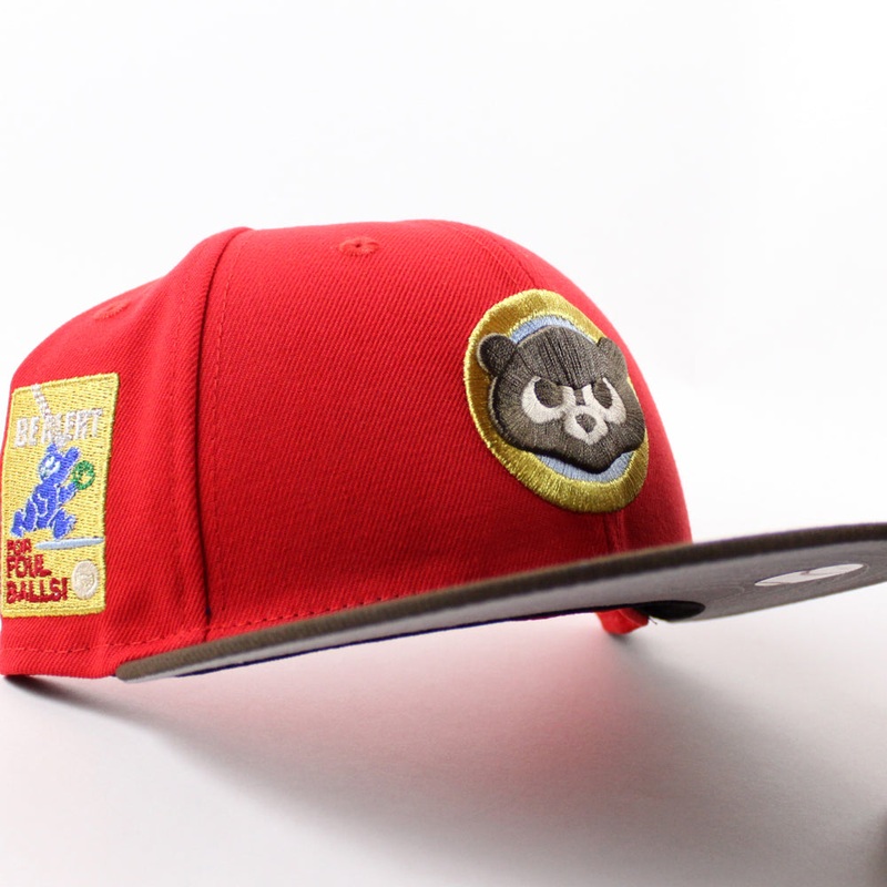 Chicago Cubs be Alert For Foul Balls  New Era 59Fifty Fitted Hat (Red Brown Green Under Brim) 6 7/8