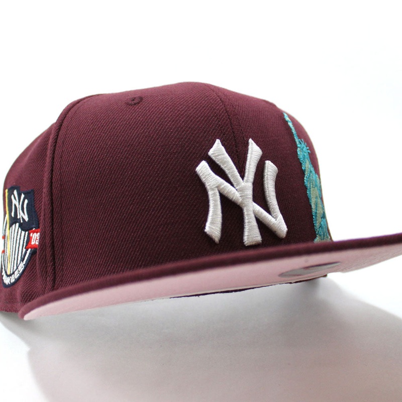 New York Yankees Statue of Liberty 27 World Championships 59Fifty New Era Fitted Hat (Maroon Pink Under Brim) 7