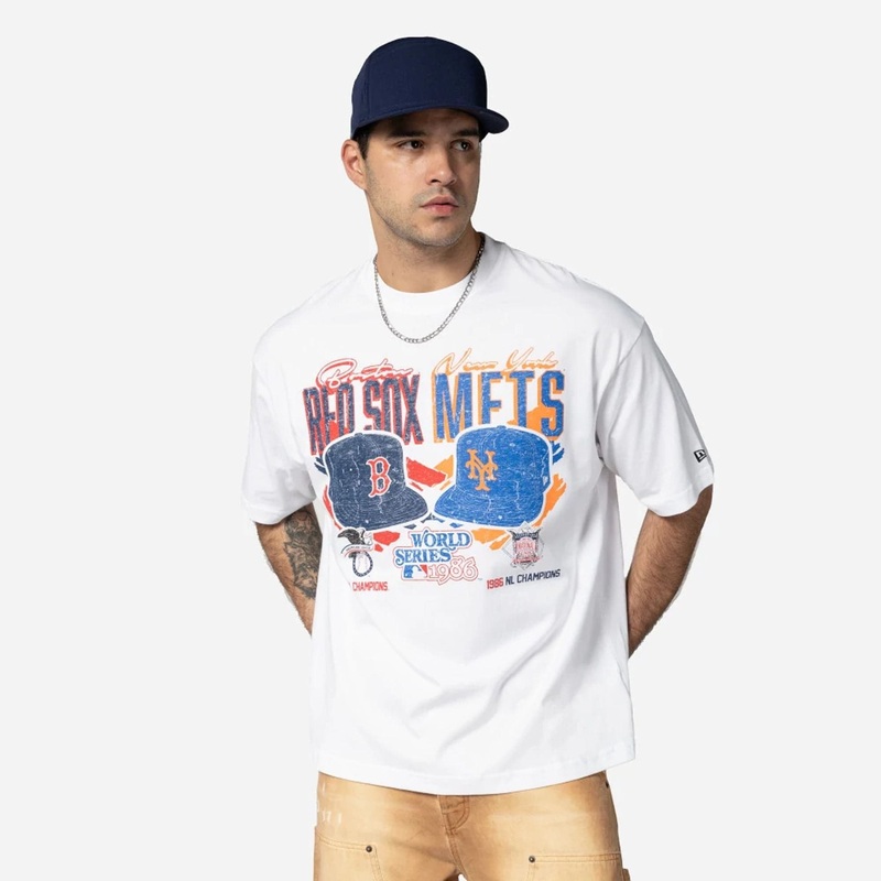 Boston Red Sox VS New York Mets MLB Dueling Logos Sport Classic White T-Shirt S
