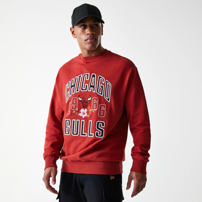 Chicago Bulls NBA Floral Red Oversized Crew Neck Sweater XS
