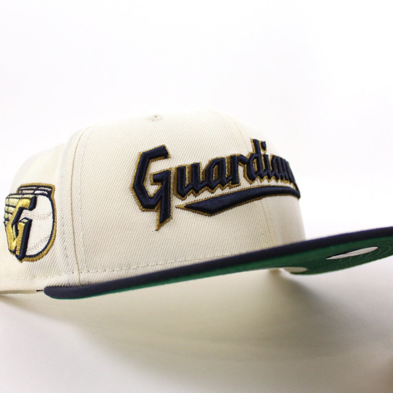 Cleveland Guardians CLEVELAND New Era 59Fifty Fitted Hat  (CHROME WHITE Navy Green Under Brim) 7