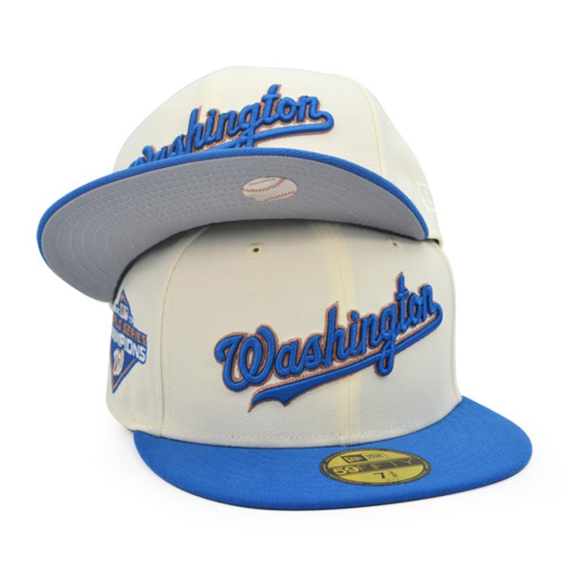 Washington Nationals Script 2019 WORLD SERIES CHAMPIONS Exclusive New Era 59Fifty Fitted Hat – Chrome/Blue 6 7/8