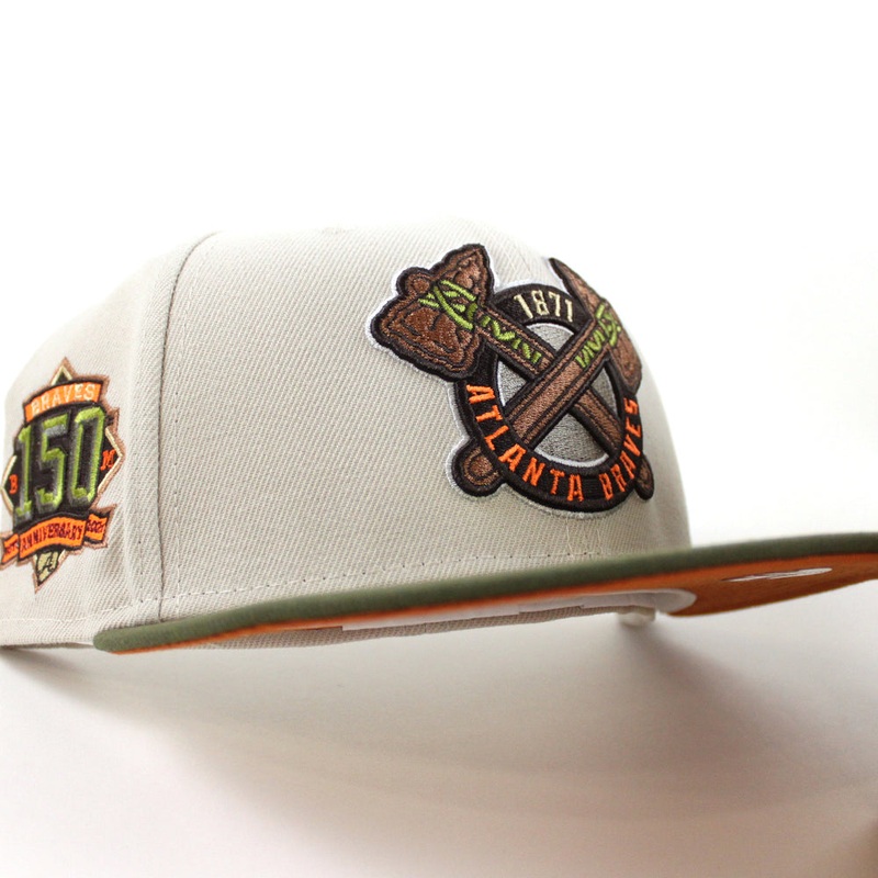 Atlanta Braves 150TH ANNIVERSARY New Era 59Fifty Fitted Hat (STONE NEW OLIVE Fight Orange Under Brim) 7