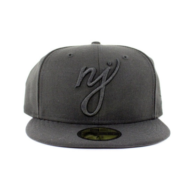 NJ Script New Era 59Fifty Fitted Hats (Black On Black Vigan Leather Under Brim) 6 7/8