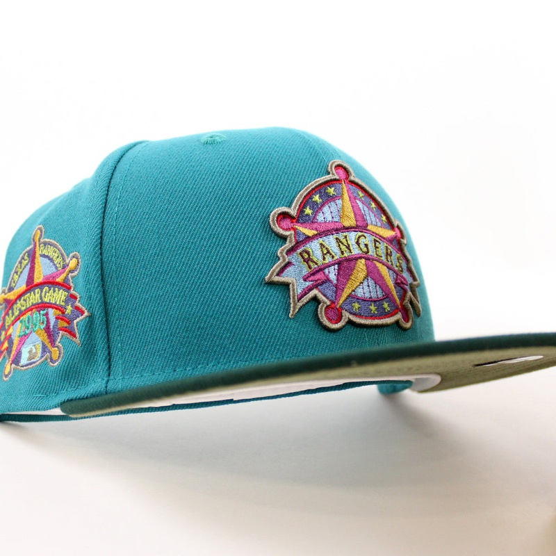 Texas Rangers Rangers Badge New Era 59Fifty Fitted Hat (AQUA DK GREEN GREEN BARK Under Brim) 7