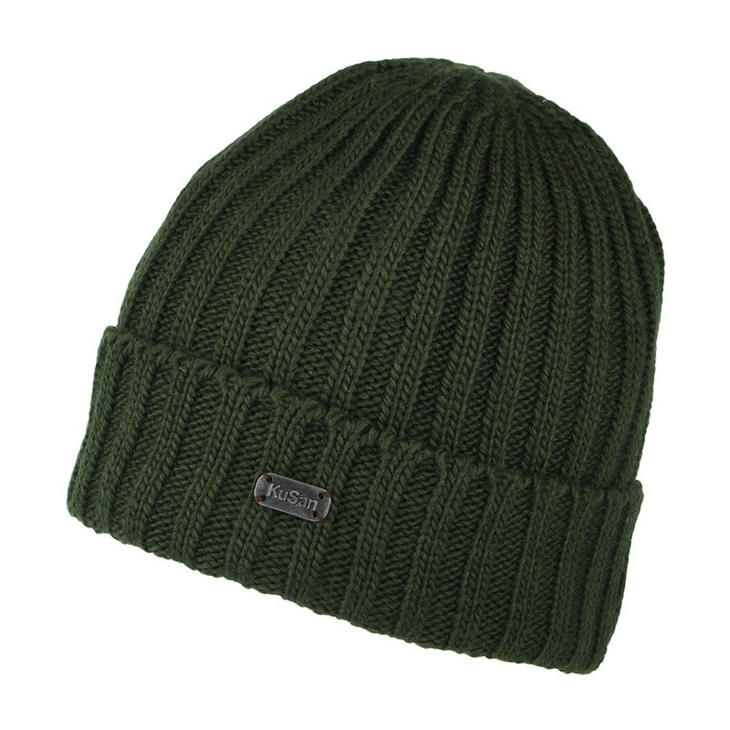 Kusan Ribbed Turn Up Beanie Hat – Khaki 1-Size