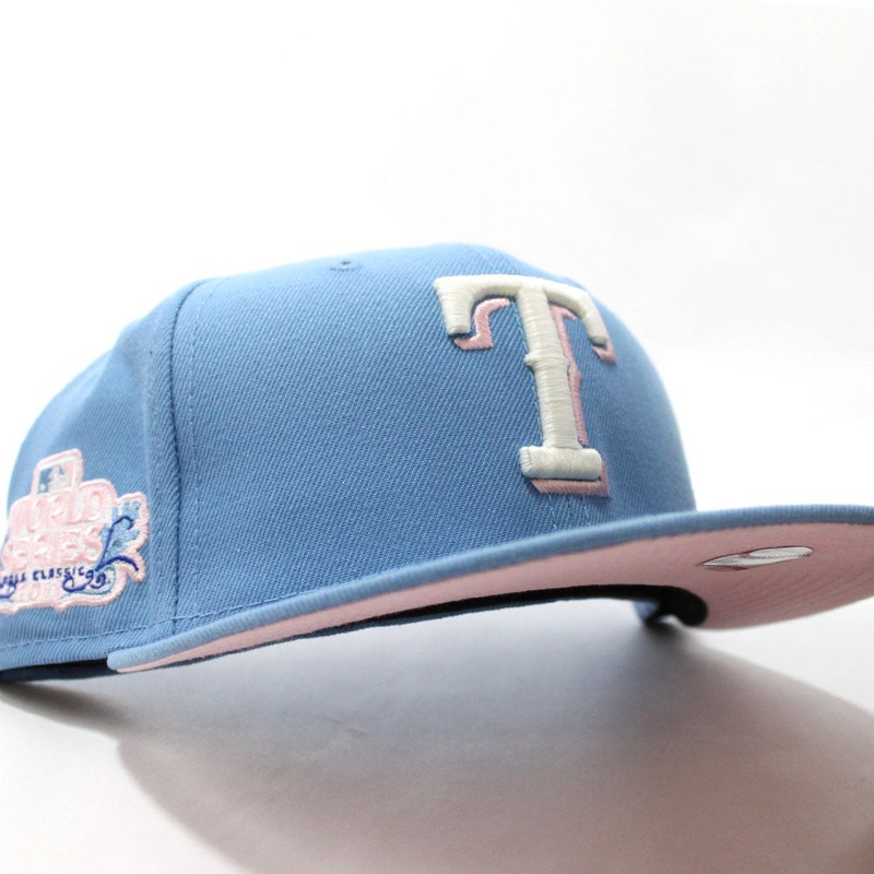 Texas Rangers 2011 Fall Classic World Series New Era 59Fifty Fitted Hat (Glow in the Dark Sky Blue Pink Under Brim) 7