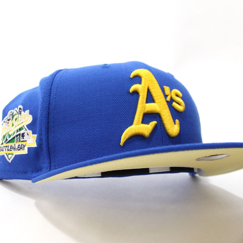 Oakland Athletics 1989 World Series Battle of The Bay New Era 59Fifty Fitted Hat V2 (Blue Soft Yellow Under Brim) 7