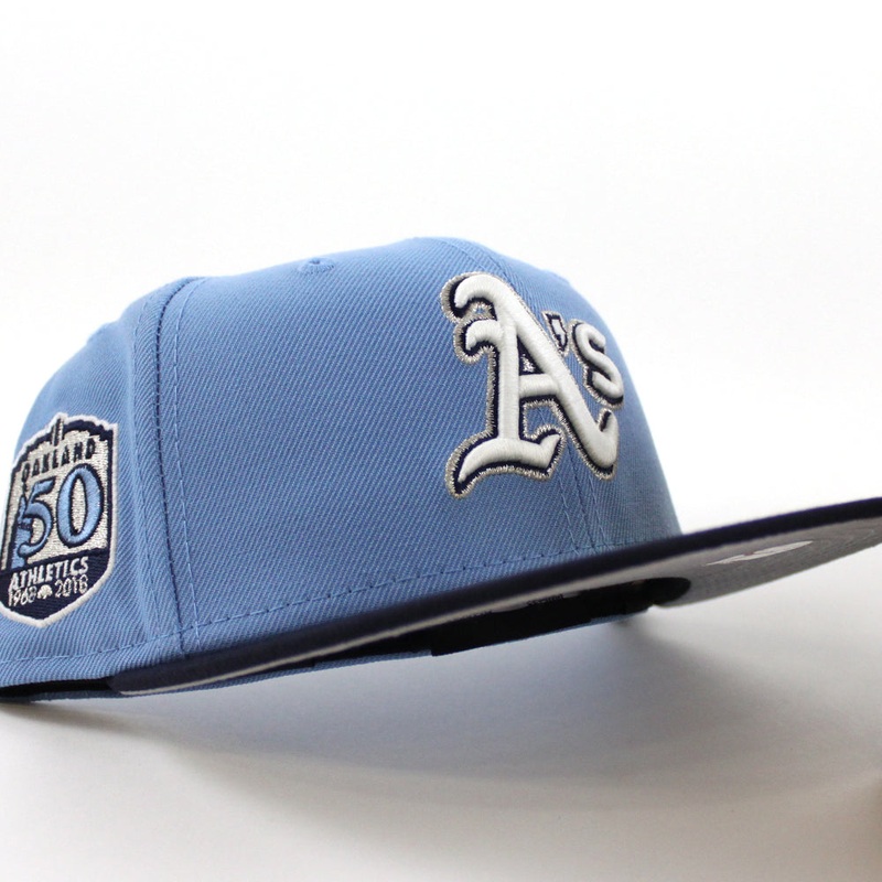 Oakland Athletics 50TH Anniversary New Era 59Fifty Fitted Hat (GITD Sky Blue Navy Gray Under Brim) 7