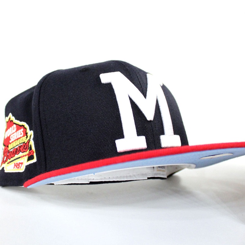 Milwaukee Braves 1957 WORLD SERIES New Era 59Fifty Fitted Hat (Navy Red SKY BLUE UNDER BRIM) 6 7/8